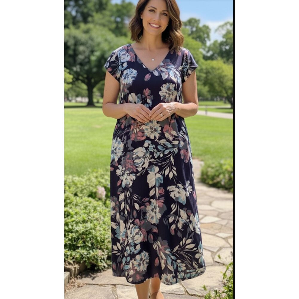 J Jill Size XS Dress Floral Purple Maxi Short Sleeve Rayon Pockets Romantic